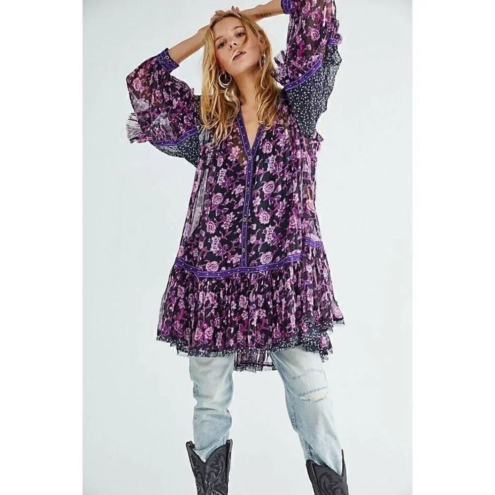 NEW FREE PEOPLE ROSEBUD PRINT MIX MINI DRESS TUNIC IN BLACK COMBO